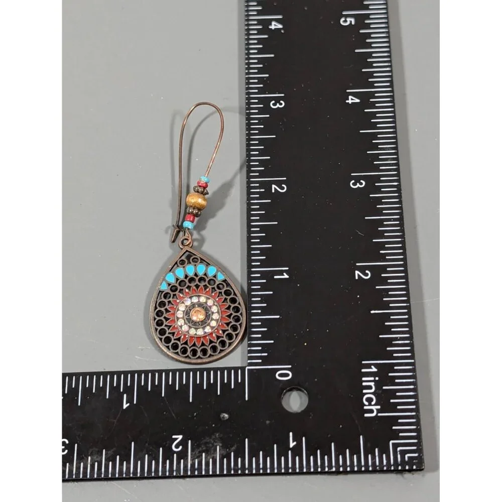 Boho Western Medallion Blue Brown Rhinestone Drop Long Earrings - Picture 5 of 6